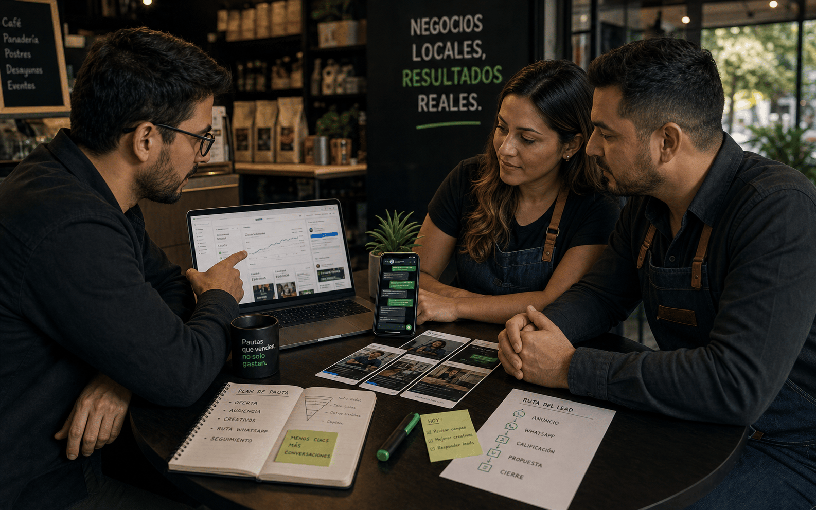 Equipo revisando pauta digital, creatividades y conversaciones de WhatsApp.